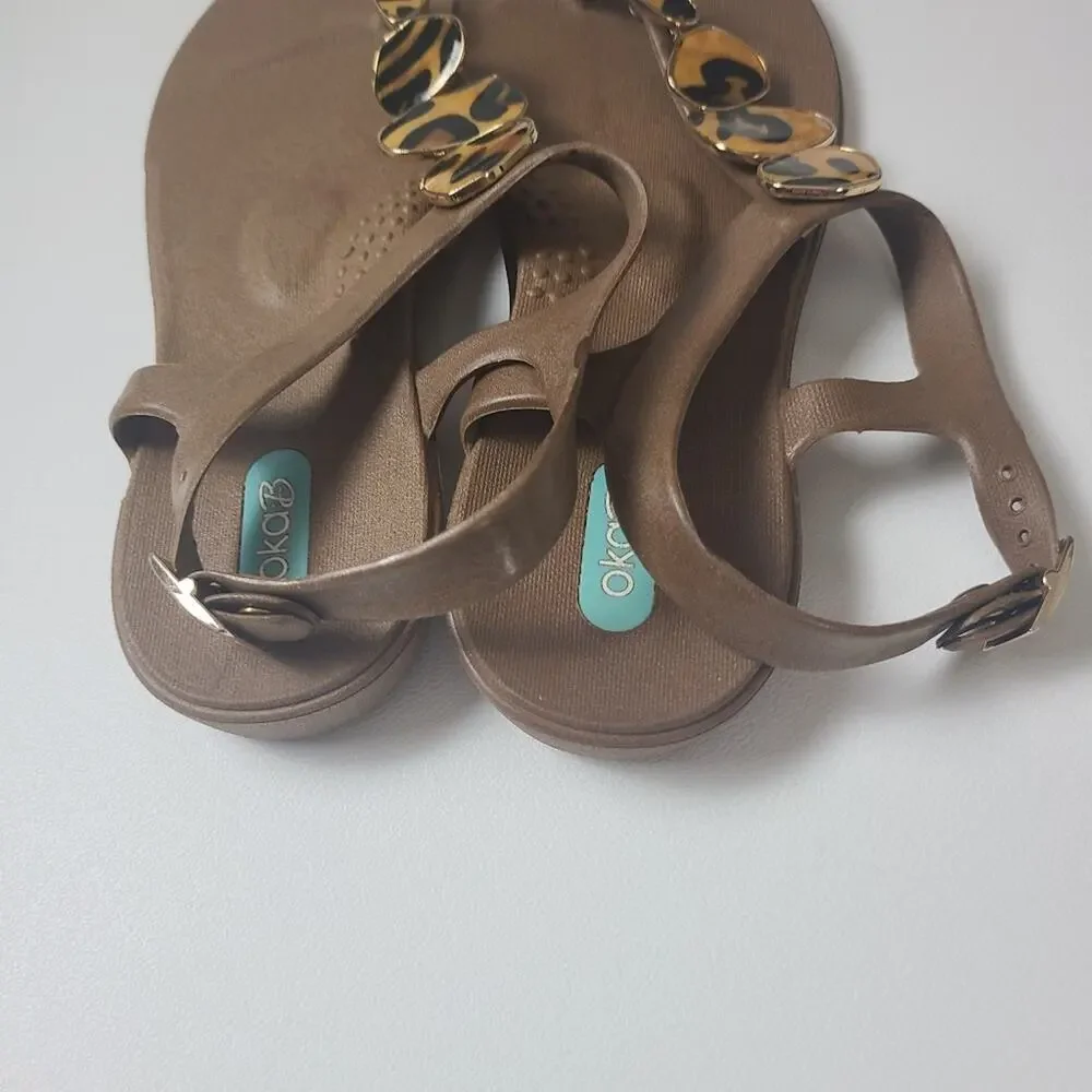 OkaB Leopold Button Sandals Brown Animal Print Ankle Strap Flats Arch Support 6